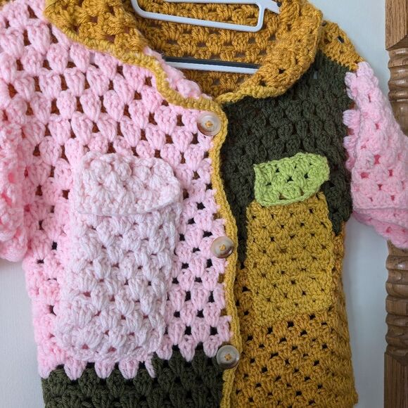 Handmade Crochet Patchwork Colorful Button Down Polo Size Small/Medium - Picture 3 of 6